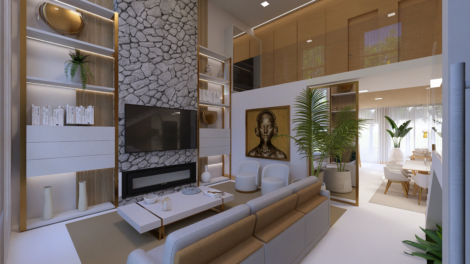 Perspectiva de ambientes integrados, com pé-direito duplo, madeira e pedra, apresentada pela Projecon RS